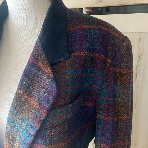 VTG 90s colorful plaid wool oversized blazer leather trim S academia old money - Picture 7 of 14